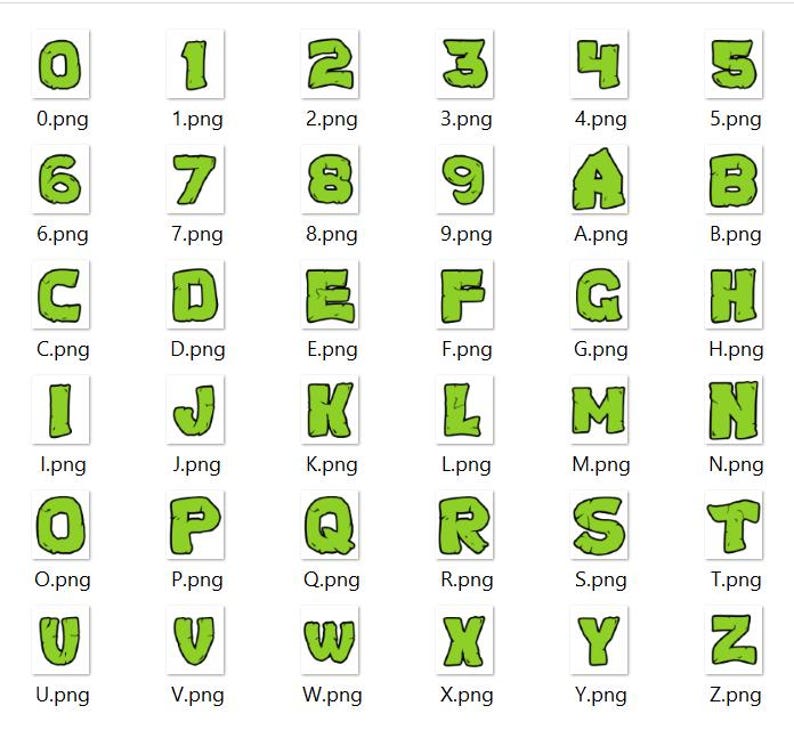 May include: A digital collection of lime green, blocky, cartoon-style letters from A to Z and numbers 0 to 9. Each character features a thick black outline and a textured, uneven surface, presented as individual square icons with filenames below each.
