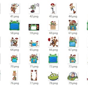 May include: A collection of digital graphic files featuring Toy Story characters including Woody, Buzz Lightyear, Jessie, Rex, and the Alien, alongside green frog-shaped frames, cardboard boxes, and signs with the text Toy Story.