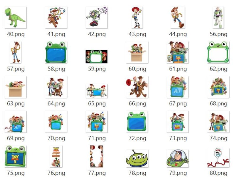 May include: A collection of digital graphic files featuring Toy Story characters including Woody, Buzz Lightyear, Jessie, Rex, and the Alien, alongside green frog-shaped frames, cardboard boxes, and signs with the text Toy Story.