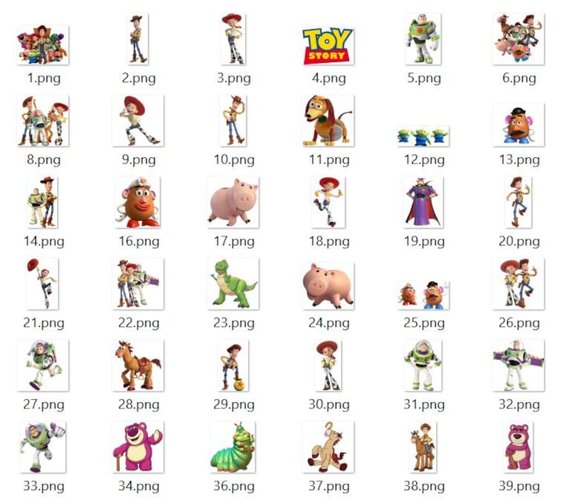 May include: A collection of digital stickers featuring various Toy Story characters including Woody, Buzz Lightyear, Jessie, Slinky Dog, Hamm, Rex, Mr. Potato Head, and Lotso, alongside the Toy Story logo, presented in a grid of individual image files.