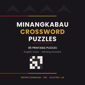 Pode incluir: Um gráfico digital para Minangkabau Crossword Puzzles contendo 85 quebra-cabeças imprimíveis com pistas em inglês e respostas em minang. O design inclui um ícone de grade de palavras cruzadas e texto em branco e dourado sobre fundo preto.