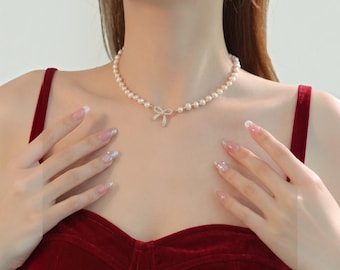 Dainty Pearl Bow Necklace, Coquette Pearl Choker with Crystal Bow Pendant, Elegant Bridal Jewelry, Bridesmaid Gift for Her, Romantic Choker