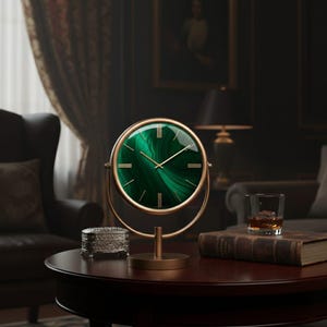 Puede incluir: Un reloj de mesa circular con una esfera de patrón de malaquita en verde intenso, marcadores de hora dorados y manecillas finas de color oro. El reloj está enmarcado en una estructura de metal dorado sobre una base circular y un poste.