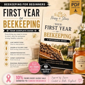 Puede incluir: Una guía digital titulada First Year of Beekeeping de Nessy & Stan's Bees, que incluye una portada con una ilustración de panal y abeja, un tarro de miel, un cucharón de madera para miel y texto sobre apicultura y donaciones.