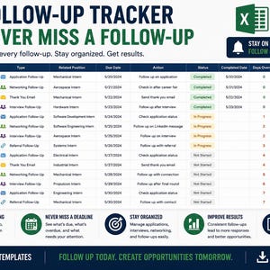 Pu&ograve; includere: Un modello di foglio di calcolo Excel per il monitoraggio dei follow-up. Il layout include un titolo, un logo Excel e una tabella delle attivit&agrave; con colonne per azienda, contatto, tipo, posizione, data, azione, stato e note.