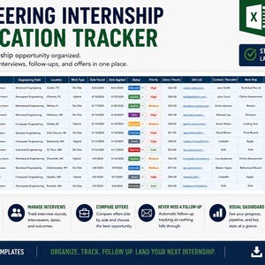 Pu&ograve; includere: Un modello di foglio di calcolo Engineering Internship Application Tracker. Il documento presenta una tabella con colonne per azienda, posizione, campo, posizione, tipo di lavoro, date, stato, priorit&agrave;, stipendio, link, contatti e note.