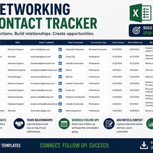 Pu&ograve; includere: Un modello di foglio di calcolo per il tracciamento dei contatti di networking per Microsoft Excel. Il layout presenta una tabella con colonne per nome del contatto, azienda, ruolo, email, LinkedIn, tipo di connessione, date e stato.