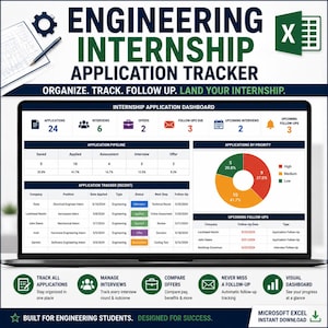 May include: An Engineering Internship Application Tracker spreadsheet displayed on a laptop screen. The dashboard features an application pipeline table, a priority pie chart, and a follow-up schedule. The interface includes icons for applications, interviews, offers, and follow-ups, with text headers and data rows.