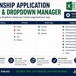 Pu&ograve; includere: Un modello di foglio di calcolo Excel per candidature a stage con un gestore di menu a tendina. Il layout include colonne per lo stato della candidatura, la priorit&agrave;, il tipo di lavoro e il campo di ingegneria con opzioni a colori e etichette.