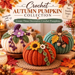 Pode incluir: Três abóboras decorativas de crochê nas cores creme, laranja e azul-petróleo. A abóbora creme apresenta flores roxas e bagas. A laranja tem um girassol e vinhas verdes. A azul-petróleo é adornada com um caule marrom, folhas e bolotas.