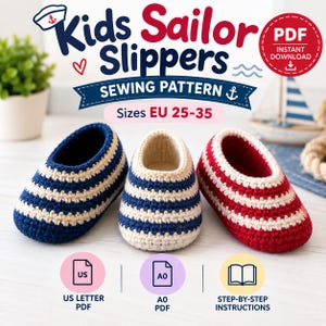 Naaipatroon voor kinderslippers in matrozenstijl (PDF), patroon voor kinderslippers, slippers met dubbele zool, EU 25–35, A0 US Letter