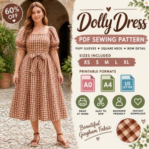 May include: A brown and white gingham dress with puff sleeves, a square neckline, and a waist bow. The text reads Dolly Dress PDF Sewing Pattern, sizes XS to XL, and includes A0, A4, and US Letter formats with icons for print at home and instant download.