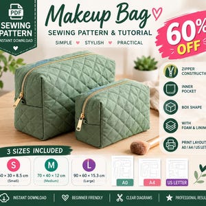 Op de afbeelding: Een digitaal naaipatroon voor een doosvormige make-uptas met een doorgestikte saliegroene buitenkant en een gouden rits. Het patroon bevat drie maten: klein 50 x 30 x 8,5 cm, medium 70 x 40 x 12 cm en groot 90 x 60 x 15,3 cm, met instructies voor ritsconstructie, binnenzakken en schuimvoering.