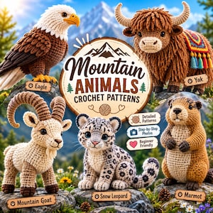 Könnte beinhalten: Eine Sammlung von fünf gehäkelten Tieren, darunter ein Adler, ein Yak, eine Bergziege, ein Schneeleopard und ein Murmeltier. Ein zentrales Holzschild zeigt den Text Mountain Animals Crochet Patterns mit kleinen Schildern für jedes Tier.