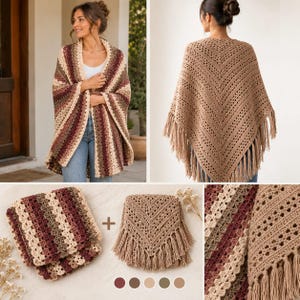 May include: A crochet wrap featuring vertical stripes in cream, brown, and burgundy, and a solid tan crochet poncho with a V-shaped hem and fringe trim. The set includes a folded striped wrap and a folded tan poncho with a visible tassel edge.