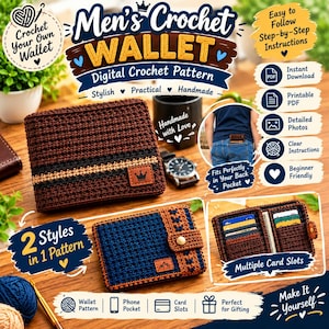 May include: A digital crochet pattern for a wallet featuring two styles. One wallet is brown with a black and tan stripe and a crown logo. The second wallet is blue and brown with a button closure and mountain logo, showing multiple card slots inside.