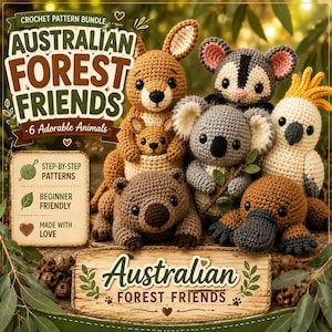 Puede incluir: Un paquete de patrones de ganchillo titulado Australian Forest Friends que incluye seis animales de peluche hechos a mano, como un canguro con su cría, un koala, un wombat, un ornitorrinco, una cacatúa y una zarigüeya, con instrucciones.