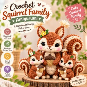 Virkat ekorremönster PDF, söt amigurumi-ekorre, virkmönster för skogsdjur, gör-det-själv-mjukisdjur, direktnedladdning