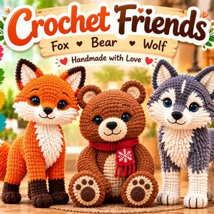 May include: Three handmade crochet plush toys featuring a fox, a bear, and a wolf. The fox is orange and white, the bear is brown with a red scarf, and the wolf is grey and white. Text includes Crochet Friends, Fox, Bear, Wolf, and Handmade with Love.