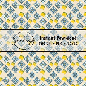 May include: A digital pattern with a repeating design of yellow lemons and blue floral motifs on a cream background. The pattern includes the text "Instant Download" and the dimensions 12x12.