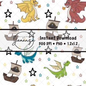 May include: A seamless pattern featuring cartoon dragons in yellow, red, green, and blue, along with pirate ships and stars on a white background. The text "Instant Download" is also present.
