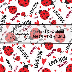 May include: A white background with a repeating pattern of red ladybugs with black spots, red hearts, and the words "Love Bug" and "XOXO" in black. The image also includes the text "Instant Download 300 DPI PNG 12x12".