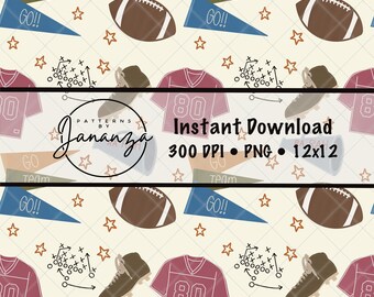 Puede incluir: Un patrón digital con ilustraciones de fútbol americano. El diseño incluye balones de fútbol, camisetas con el número 80, banderines con "GO TEAM GO!!", botas de fútbol y diagramas de juego, todo sobre un fondo crema con estrellas.