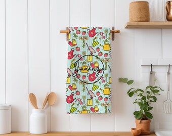 Gardening Tools Pattern Tea Towel | Watering Cans, Gloves, Boots, Rake