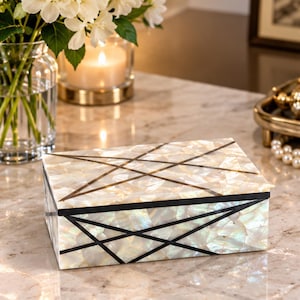 Mother of Pearl Jewelry Box, 6x4 Inch Shell Inlay Keepsake Box, Handmade Luxury Decor