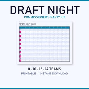 May include: A Draft Night Commissioner's Party Kit featuring a 12-team draft board with a grid of 16 rounds. The board has teal headers and magenta round numbers. Text includes 8, 10, 12, 14 teams, printable, and instant download.