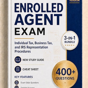 Puede incluir: Un libro de estudio para el examen de Agente Inscrito 2026 en blanco y azul oscuro. La portada presenta el texto Enrolled Agent Exam, 3-in-1 Bundle y 400+ Questions. Incluye secciones para una guía de estudio, hoja de trucos y características.