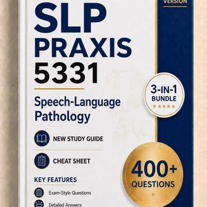 Puede incluir: Un libro de estudio blanco y azul oscuro titulado SLP PRAXIS 5331 Speech-Language Pathology 2026 Version. La portada incluye una insignia de paquete 3 en 1, un círculo dorado que indica 400+ preguntas e iconos de guía, hoja de trucos y funciones.