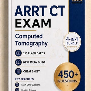 Peut inclure: Un manuel d'étude blanc et bleu marine intitulé ARRT CT EXAM Computed Tomography 2026 Version. La couverture présente un badge 4-in-1 bundle, 150 flash cards, un nouveau guide d'étude, une fiche mémo et plus de 450 questions avec des explications.