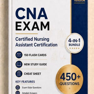 May include: A white and dark blue book titled CNA EXAM Certified Nursing Assistant Certification 2026 Version. The cover features a 4-in-1 bundle badge, 450+ questions, 150 flash cards, a study guide, a cheat sheet, and a list of key features.