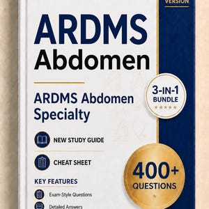 May include: A white and dark blue study guide book titled ARDMS Abdomen 2026 Version. The cover features text including 3-in-1 Bundle, 400+ Questions, New Study Guide, Cheat Sheet, and Key Features with icons for exam questions and explanations.