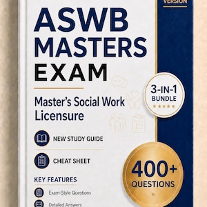 May include: A white and dark blue study guide book titled ASWB MASTERS EXAM Master's Social Work Licensure 2026 VERSION. The cover features a 3-IN-1 BUNDLE badge and a gold circle graphic stating 400+ QUESTIONS, along with icons for a guide, cheat sheet, and key features.