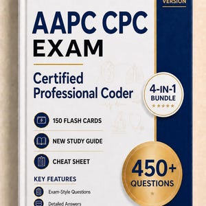 Könnte beinhalten: Ein weiß-dunkelblaues 4-in-1 AAPC CPC Exam 2026 Buch. Das Cover enthält den Text Certified Professional Coder, 150 flash cards, new study guide, cheat sheet und 450+ questions mit Symbolen für prüfungsrelevante Fragen und Erklärungen.