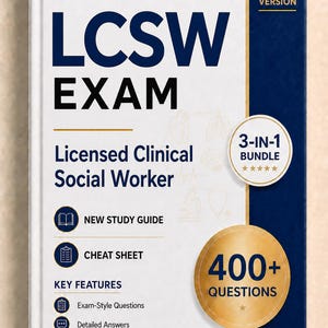 May include: A white and dark blue 2026 version LCSW Exam Licensed Clinical Social Worker study guide book. The cover features a 3-in-1 bundle badge, 400+ questions, and lists key features including exam-style questions, detailed answers, and full explanations.