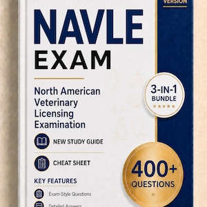 Puede incluir: Un libro de estudio 2026 para el examen NAVLE en blanco y azul oscuro. La portada incluye el texto North American Veterinary Licensing Examination, 3-IN-1 BUNDLE y 400+ QUESTIONS. Contiene iconos para guía de estudio, resumen y características.