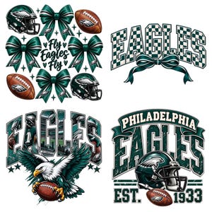 Op de afbeelding: Een verzameling Philadelphia Eagles-afbeeldingen met footballhelmen, bruine footballs, donkergroene strikken met witte strepen en een adelaar die een football vasthoudt. Tekst bevat Fly Eagles Fly, EAGLES en PHILADELPHIA EAGLES EST. 1933.