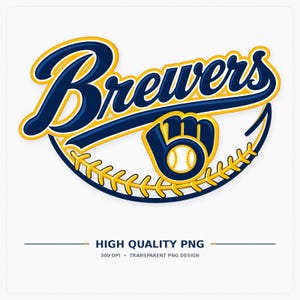 May include: A graphic logo featuring the word Brewers in dark blue script with yellow outlines. Below the text is a dark blue baseball glove icon containing a white baseball with yellow stitching, set against a curved yellow baseball seam.