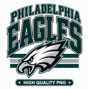 May include: A graphic design featuring the text PHILADELPHIA EAGLES in dark green with white outlines, positioned above a stylised eagle head illustration in white, grey, and dark green. A banner at the bottom reads HIGH QUALITY PNG.