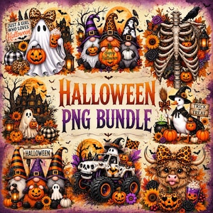 May include: A Halloween digital art collection featuring a ghost with a leopard print bow, three gnomes, a skeleton ribcage, a duck in a witch hat, a monster truck, and a highland cow, all surrounded by pumpkins, sunflowers, and autumn leaves.
