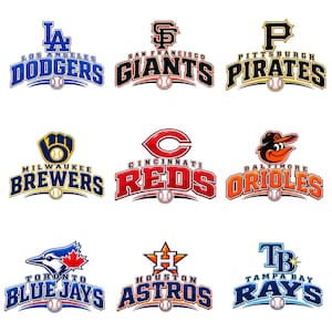 Könnte beinhalten: Eine Sammlung von neun Major League Baseball-Teamlogos in einem Raster, darunter die Los Angeles Dodgers, San Francisco Giants, Pittsburgh Pirates, Milwaukee Brewers, Cincinnati Reds, Baltimore Orioles, Toronto Blue Jays, Houston Astros und Tampa Bay Rays.