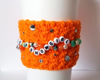 Crocheted Showgirl Bracelet Coffee Cup Cozy - Handmade Gift, Friendship Gift, Music Gift