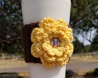 Crocheted Baseball Team Colors Brown and Yellow Flower Coffee Cup Cozy, handmade, coffee cup sleeve, baseball cozy, baseball button