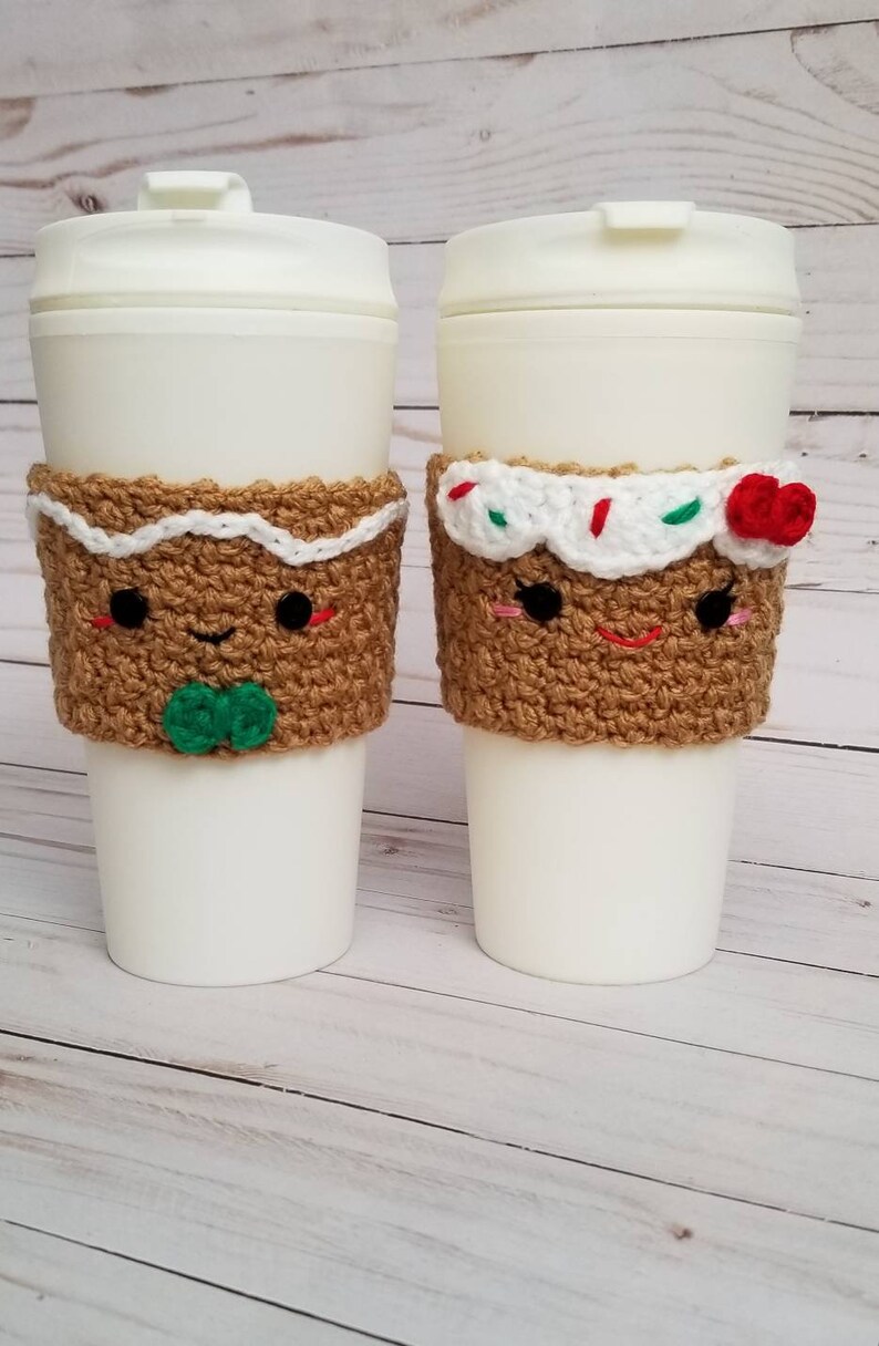 Crochet Gingerbread Boy and Gingerbread Girl Coffee Cup Cozies image 1