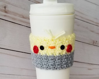 Tasse à café calopsitte au crochet confortable | Pochette réutilisable pour tasse à café, tasse oiseau confortable, cadeau pour enseignant, cadeau pour amoureux des oiseaux