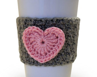 Crochet coeur rose tasse à café confortable avec Heather Gray
