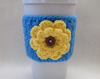 Crochet fleur tasse à café cosy bleu et jaune